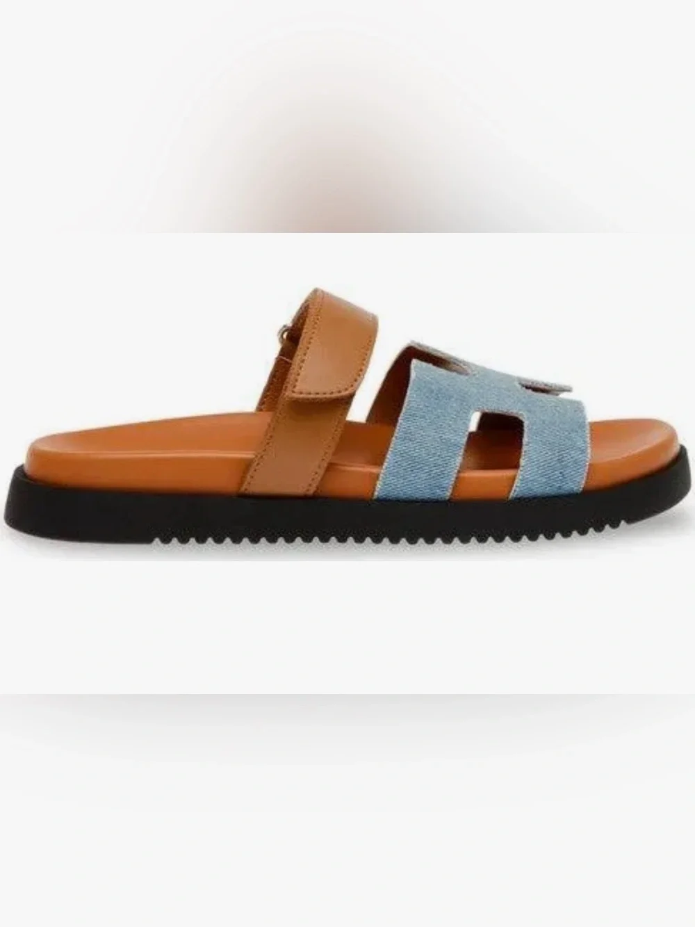 Steve Madden “Mayven” Light Blue Denim and Tan Leather Slide Sandals